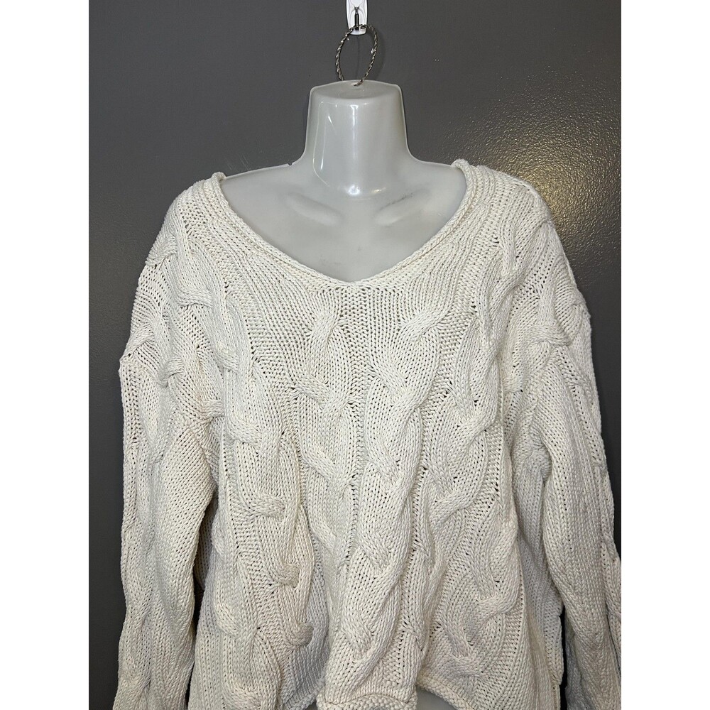 Zara Sweater Womens Small White Cable Knit V Neck Oversized Chunky Pullover
